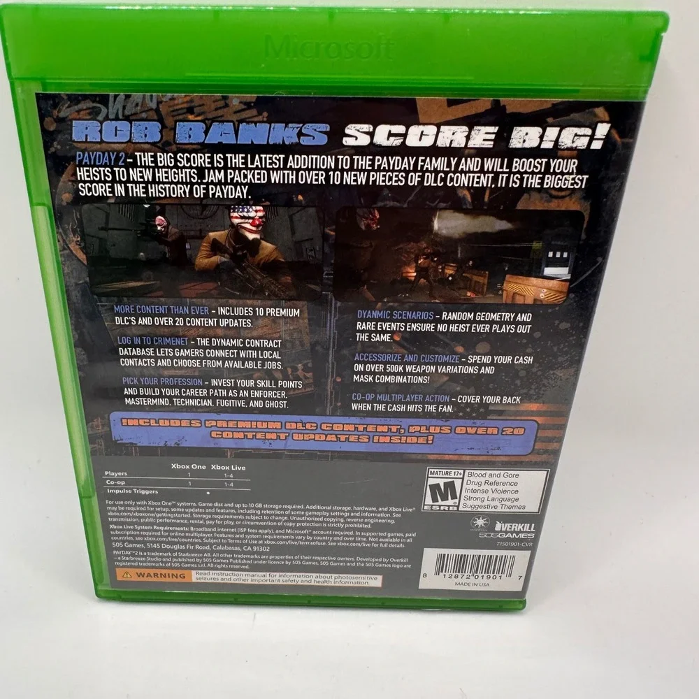 Payday 2 The Big Score Xbox One Video Game 10 Premium DLC Packs 505 Games VG+